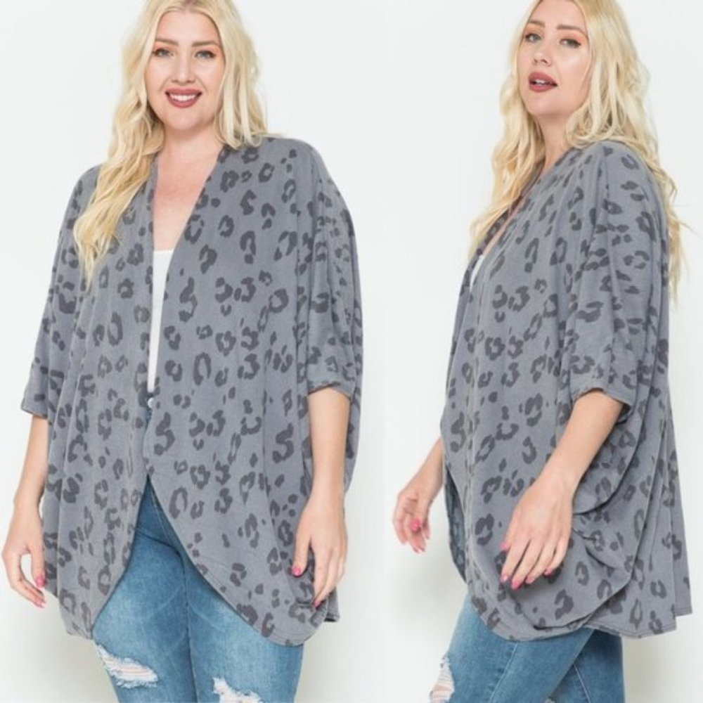 Gray Leopard Print open front Kimono Cardigan - Picture 5 of 7